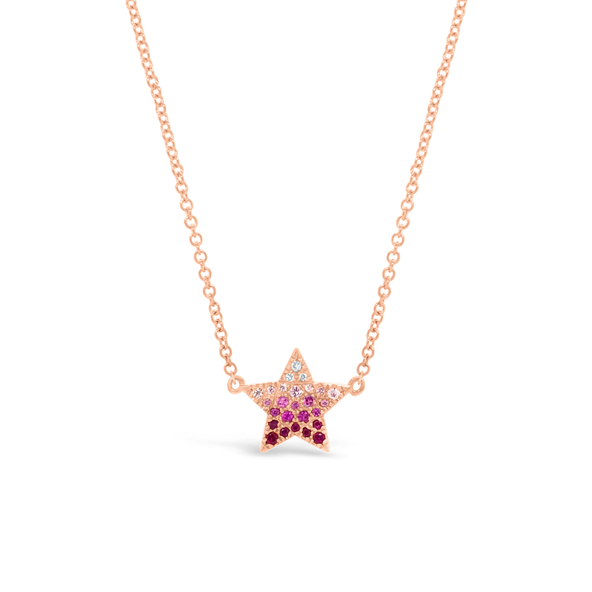 Gradient Gemstone & Diamond Star Necklace  -14K gold weighing 1.80 grams  -23 rubies totaling 0.11 carats  -3 round diamonds totaling .01 carats