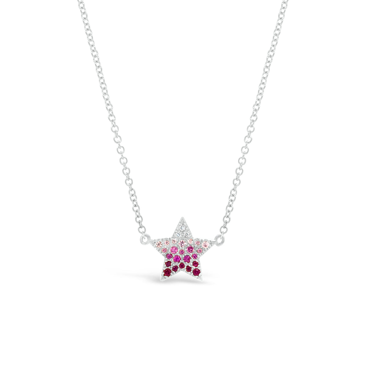 Gradient Gemstone & Diamond Star Necklace  -14K gold weighing 1.80 grams  -23 rubies totaling 0.11 carats  -3 round diamonds totaling .01 carats