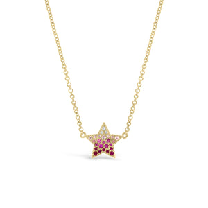 Gradient Gemstone & Diamond Star Necklace  -14K gold weighing 1.80 grams  -23 rubies totaling 0.11 carats  -3 round diamonds totaling .01 carats
