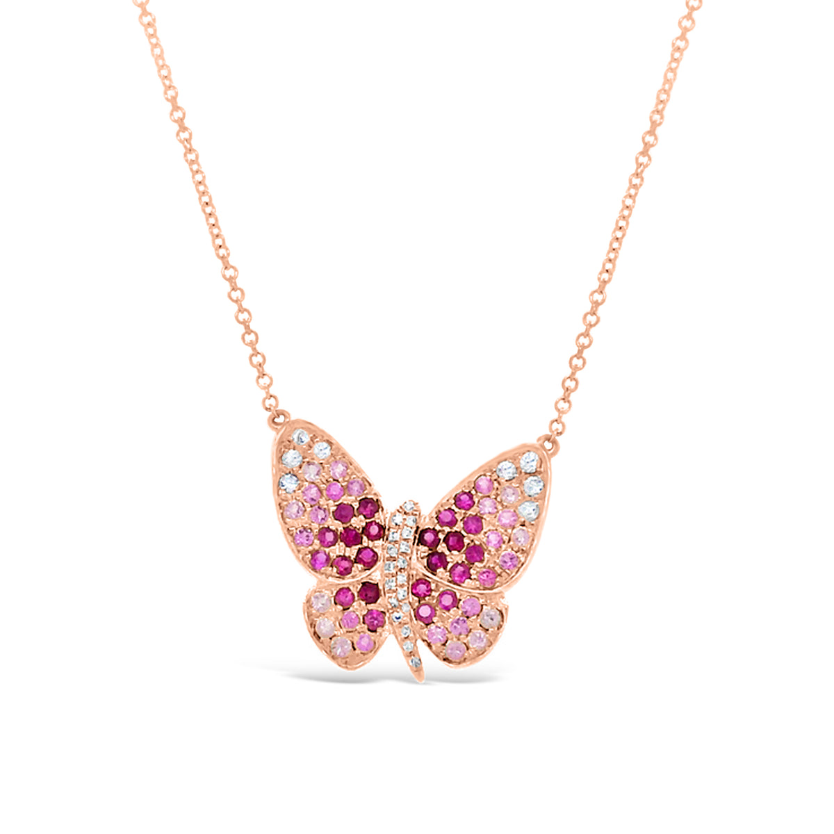 Diamond & Sapphire Butterfly Pendant Necklace -14k rose gold weighing 3.93 grams -white sapphire & pink sapphire weighing .74 carats -18 round diamonds weighing .04 carats