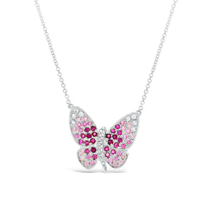 Diamond & Sapphire Butterfly Pendant Necklace -14k white gold weighing 3.93 grams -white sapphire & pink sapphire weighing .74 carats -18 round diamonds weighing .04 carats