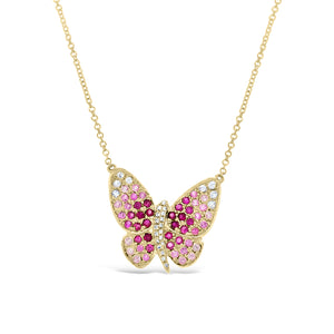 Diamond & Sapphire Butterfly Pendant Necklace -14k yellow gold weighing 3.93 grams -white sapphire & pink sapphire weighing .74 carats -18 round diamonds weighing .04 carats
