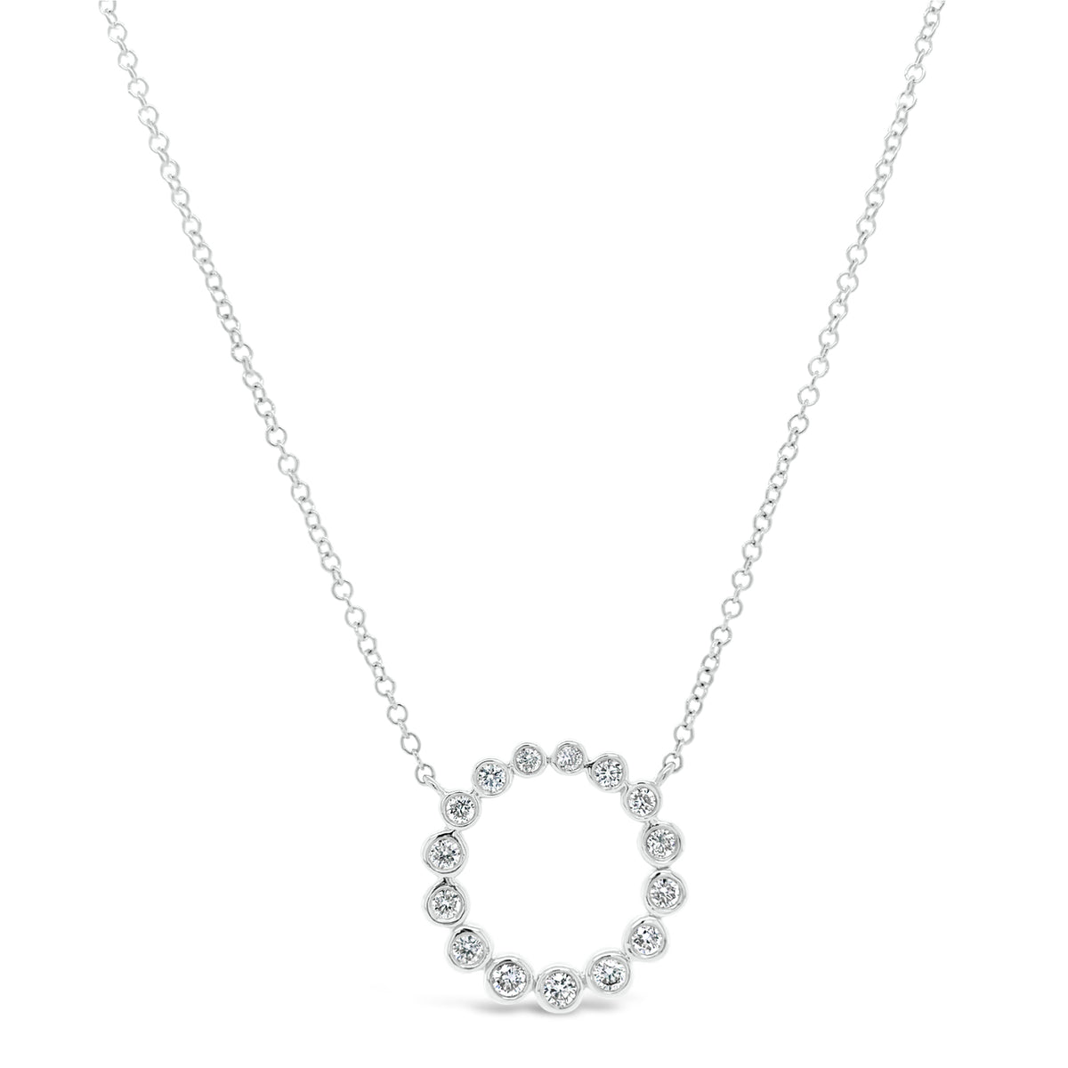 Bezel-Set Diamond Open Circle Pendant Necklace - 14K white gold weighing 2.28 grams. - 15 Round Diamonds totaling 0.27 carats.