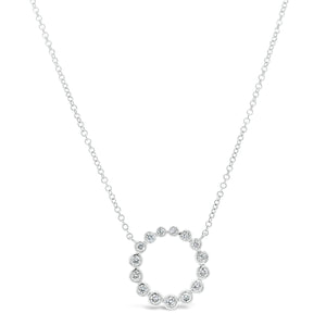 Bezel-Set Diamond Open Circle Pendant Necklace - 14K white gold weighing 2.28 grams. - 15 Round Diamonds totaling 0.27 carats.