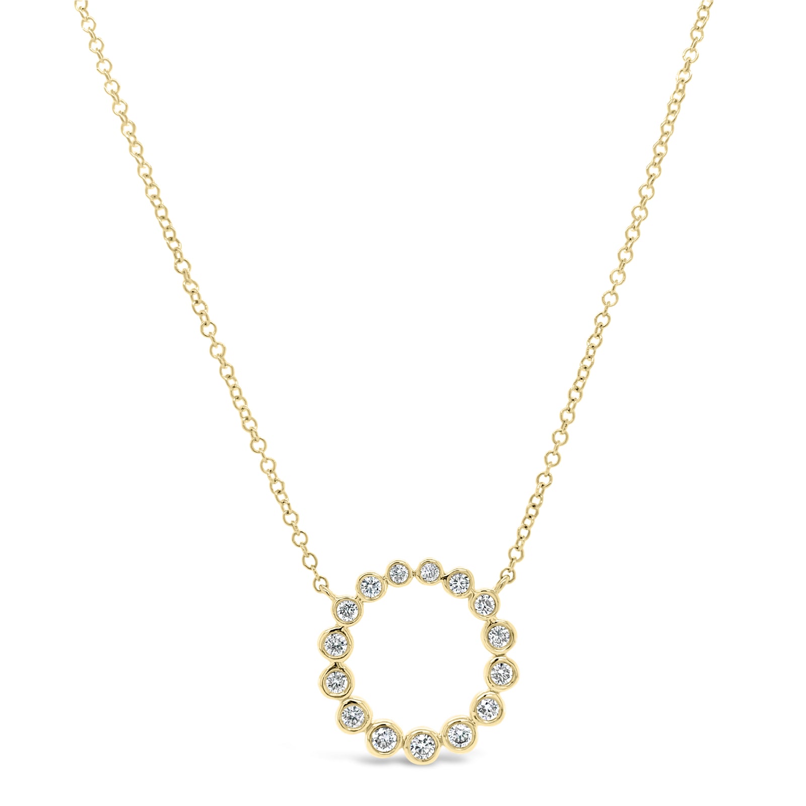 Bezel-Set Diamond Open Circle Pendant Necklace - 14K yellow gold weighing 2.28 grams. - 15 Round Diamonds totaling 0.27 carats.
