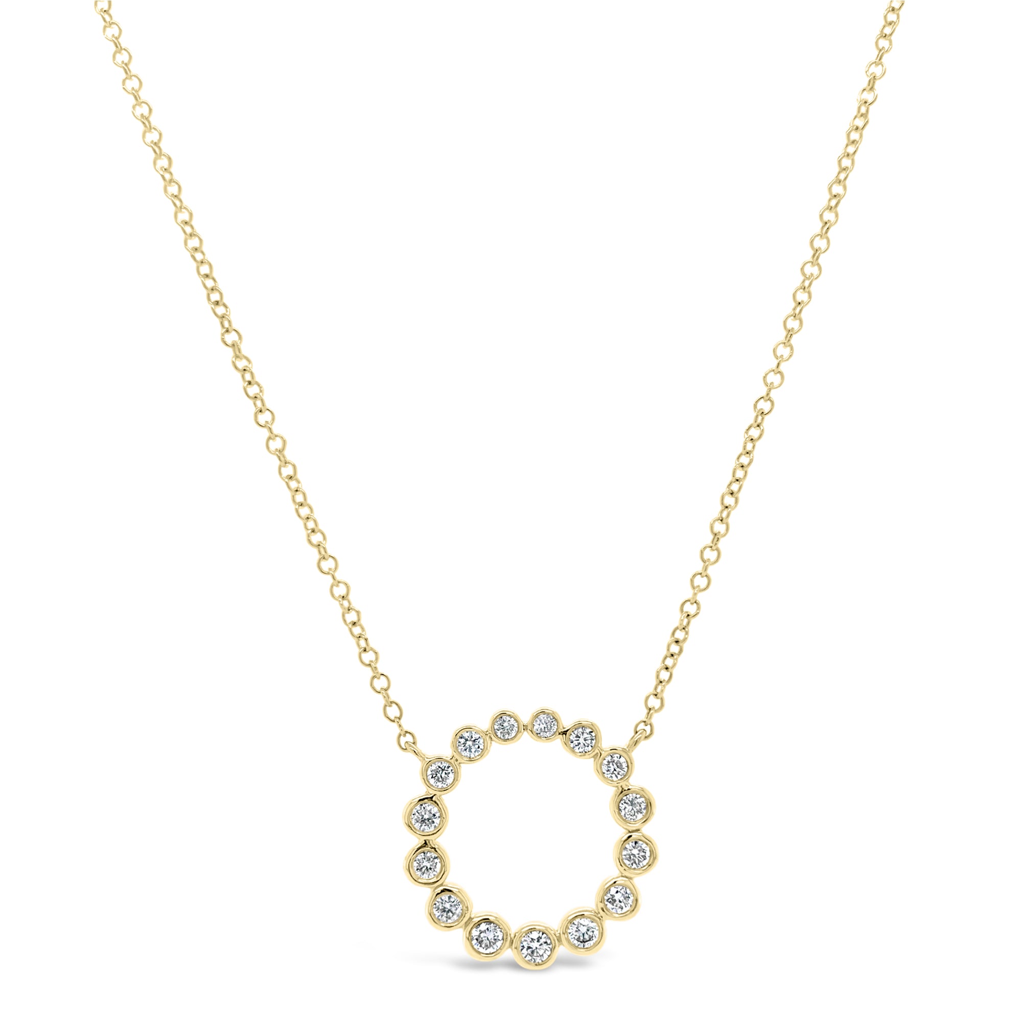 Bezel-Set Diamond Open Circle Pendant Necklace - 14K yellow gold weighing 2.28 grams. - 15 Round Diamonds totaling 0.27 carats.