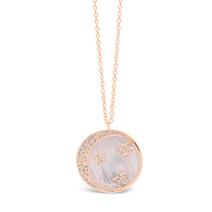 Pink Mother of Pearl Pendant with Diamond Moon & Stars   - 14K gold weighing 2.92 grams.  - 103 round diamonds totaling 0 .24 carats.   - 1 Mather of pearl weighing 2.92 carats.