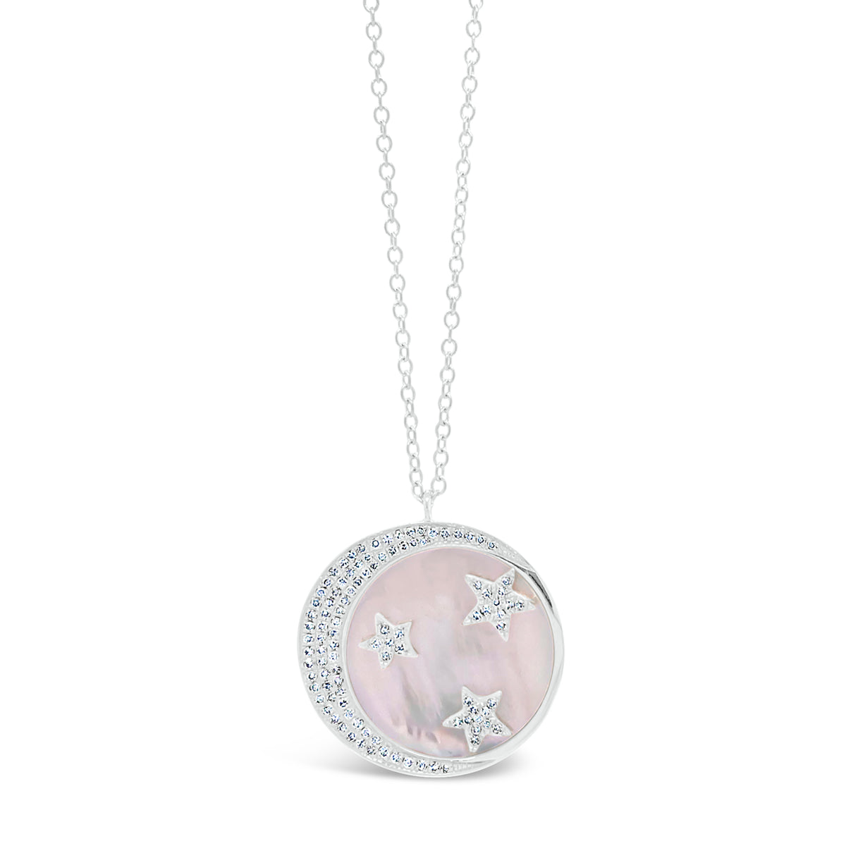 Pink Mother of Pearl Pendant with Diamond Moon & Stars   - 14K gold weighing 2.92 grams.  - 103 round diamonds totaling 0 .24 carats.   - 1 Mather of pearl weighing 2.92 carats.