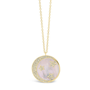 Pink Mother of Pearl Pendant with Diamond Moon & Stars   - 14K gold weighing 2.92 grams.  - 103 round diamonds totaling 0 .24 carats.   - 1 Mather of pearl weighing 2.92 carats.