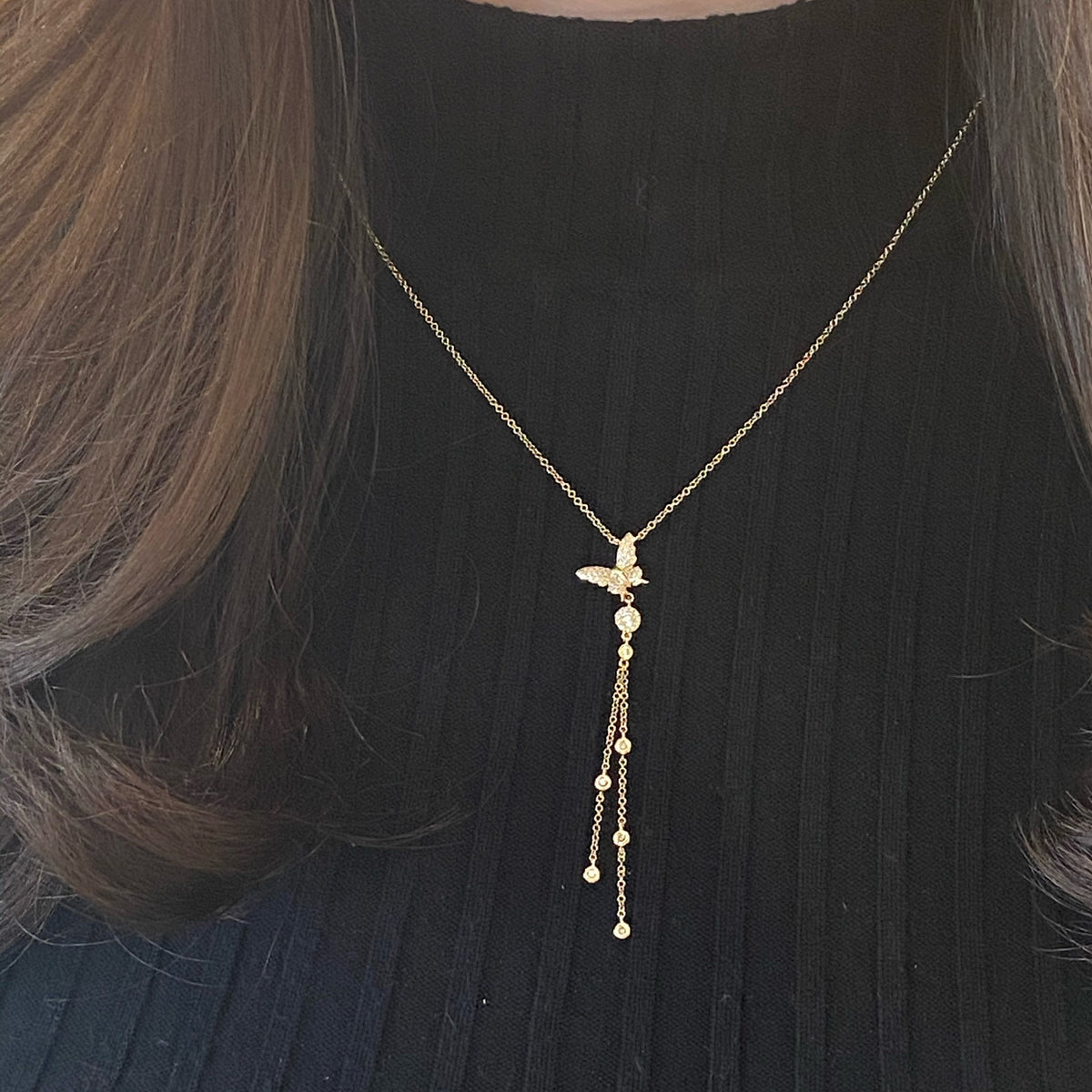 Diamond Butterfly With Bezel-Set Diamonds Lariat Necklace