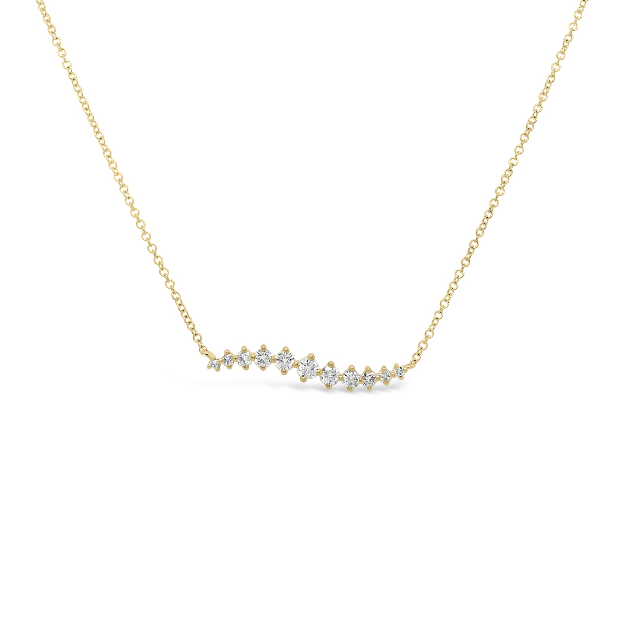 Diamond Wave Bar Necklace.  -14K gold weighing 1.83 grams  -11 round diamonds totaling 0.37 carats