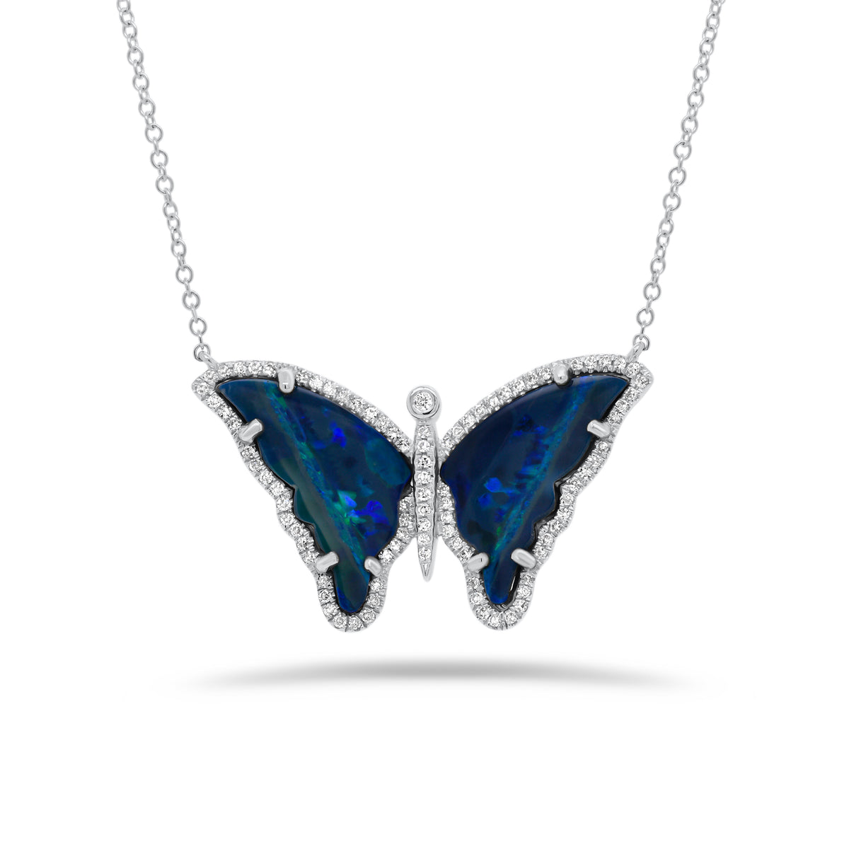 Opal & Diamond Butterfly Necklace  - 14K gold weighing 3.27 grams  - 2 opal weighing 1.93 carats  - 91 round diamonds totaling 0.23 carats