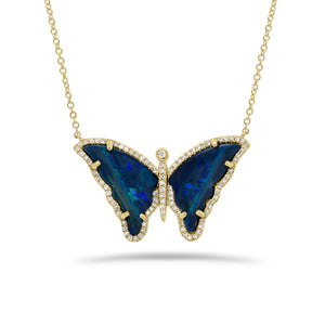 Opal & Diamond Butterfly Necklace  - 14K gold weighing 3.27 grams  - 2 opal weighing 1.93 carats  - 91 round diamonds totaling 0.23 carats