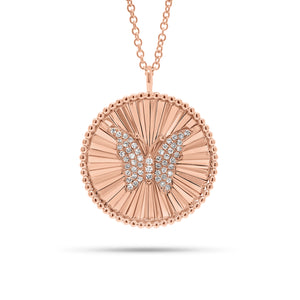 Diamond Butterfly Disc Pendant - 14K rose gold weighing 4.22 grams  - 53 round diamonds weighing 0.10 carats
