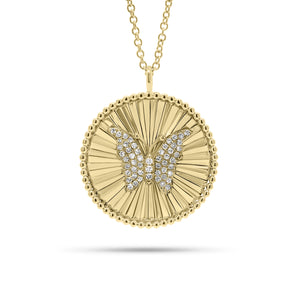 Diamond Butterfly Disc Pendant - 14K yellow gold weighing 4.22 grams  - 53 round diamonds weighing 0.10 carats