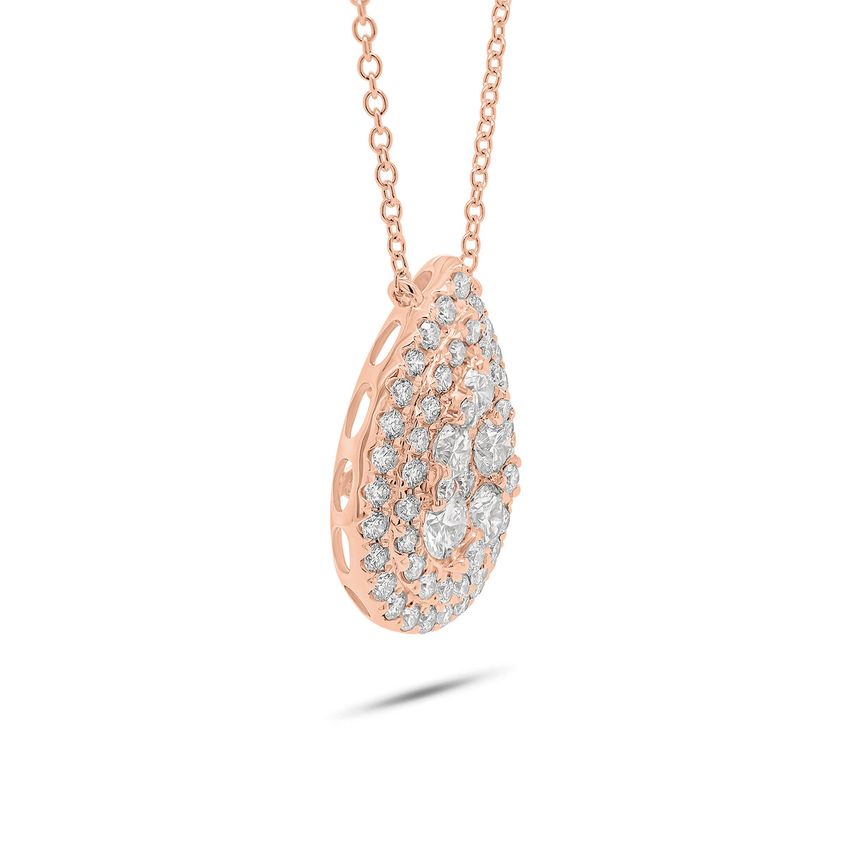 Solid 18K rose gold weighing 3.78 grams with 60 round diamonds weighing 1.89 carats Pave Diamond Teardrop Pendant Necklace | Nuha Jewelers