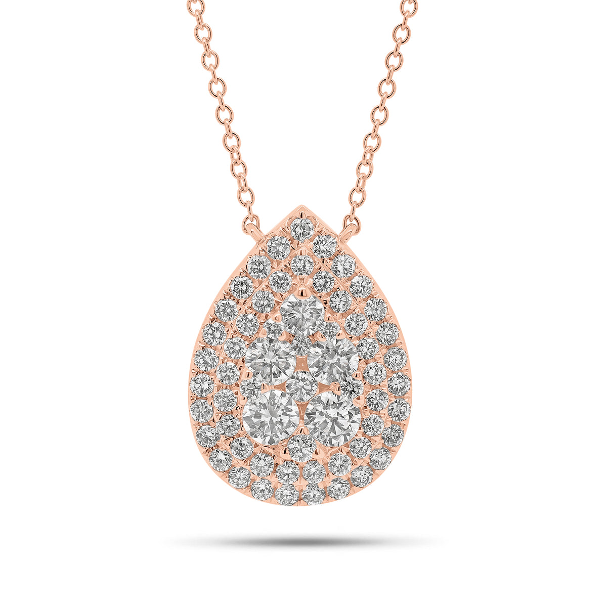 Solid 18K rose gold weighing 3.78 grams with 60 round diamonds weighing 1.89 carats Pave Diamond Teardrop Pendant Necklace | Nuha Jewelers