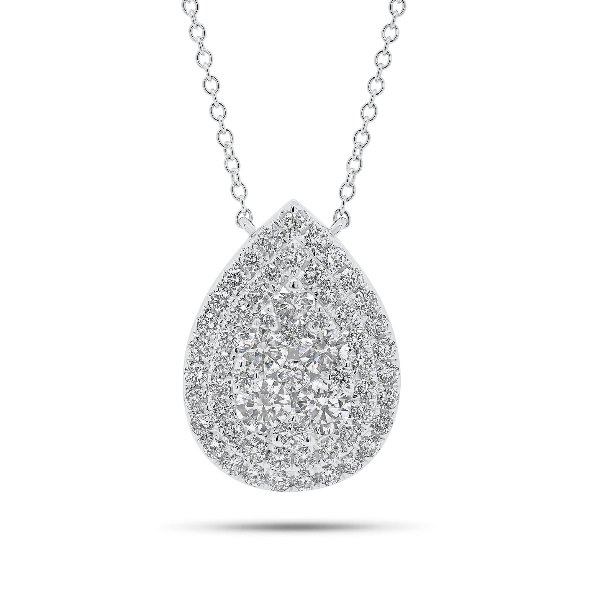 Solid 18K white gold weighing 3.78 grams with 60 round diamonds weighing 1.89 carats Pave Diamond Teardrop Pendant Necklace | Nuha Jewelers