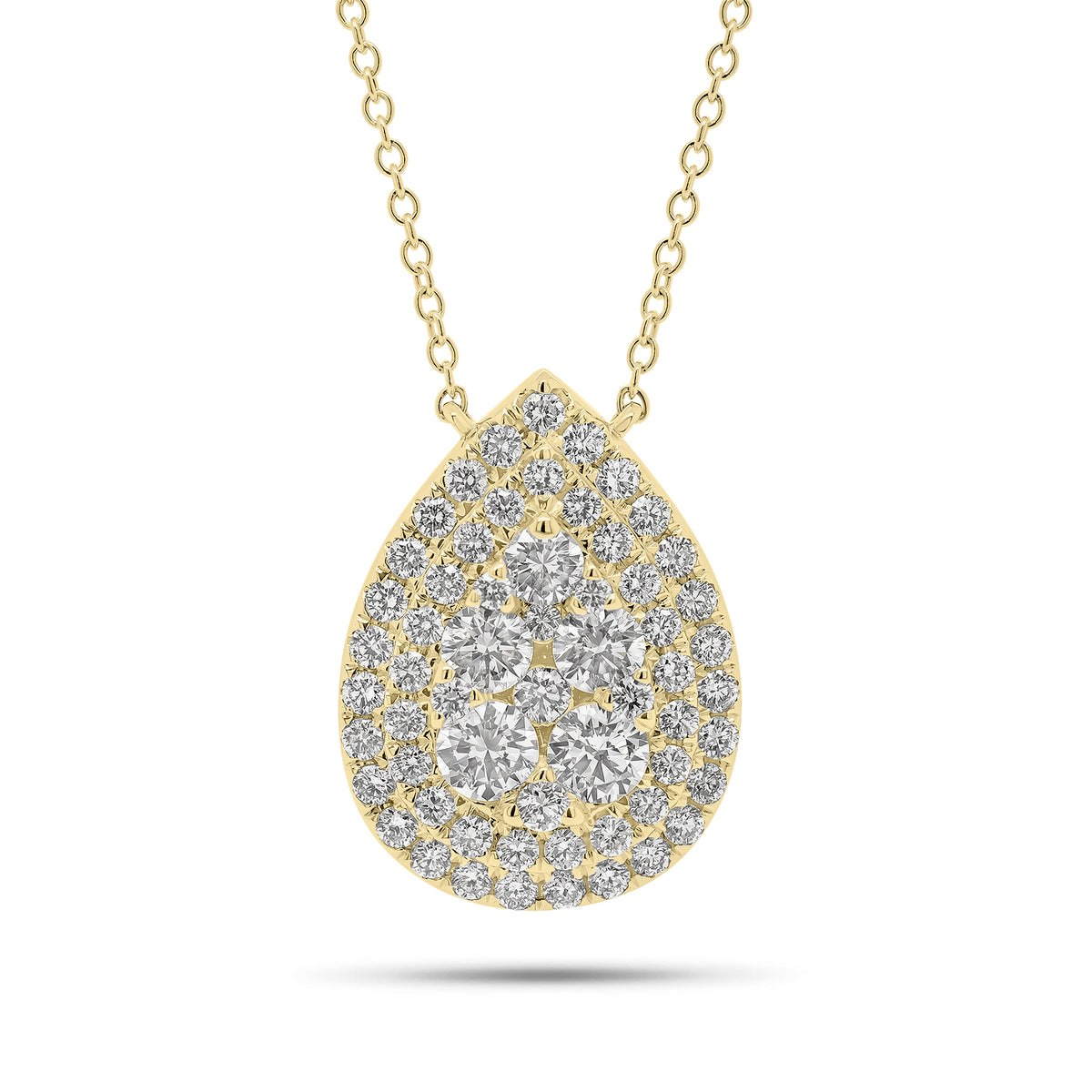 Solid 18K yellow gold weighing 3.78 grams with 60 round diamonds weighing 1.89 carats Pave Diamond Teardrop Pendant Necklace | Nuha Jewelers