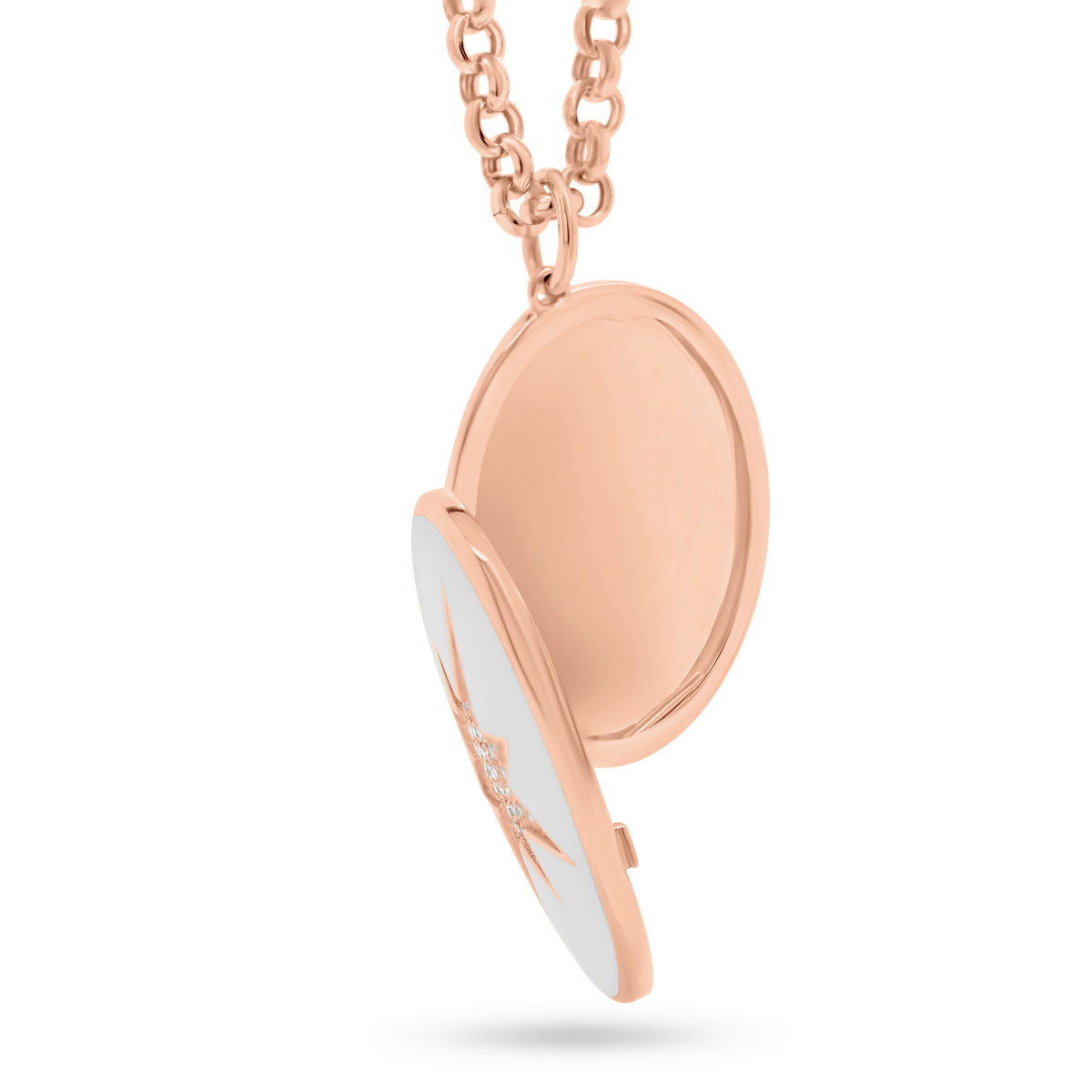 Diamond & Enamel Star Oval Locket Necklace - 14K rose gold weighing 7.82 grams - 55 round diamonds totaling 0.14 carats