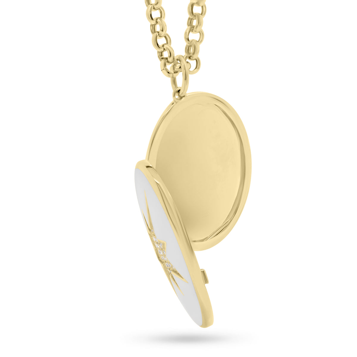 Diamond & Enamel Star Oval Locket Necklace - 14K yellow gold weighing 7.82 grams - 55 round diamonds totaling 0.14 carats