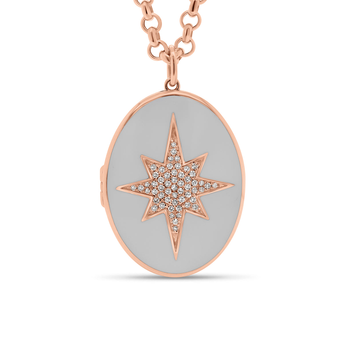 Diamond & Enamel Star Oval Locket Necklace - 14K rose gold weighing 7.82 grams - 55 round diamonds totaling 0.14 carats