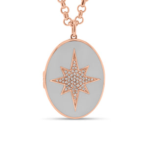 Diamond & Enamel Star Oval Locket Necklace - 14K rose gold weighing 7.82 grams - 55 round diamonds totaling 0.14 carats