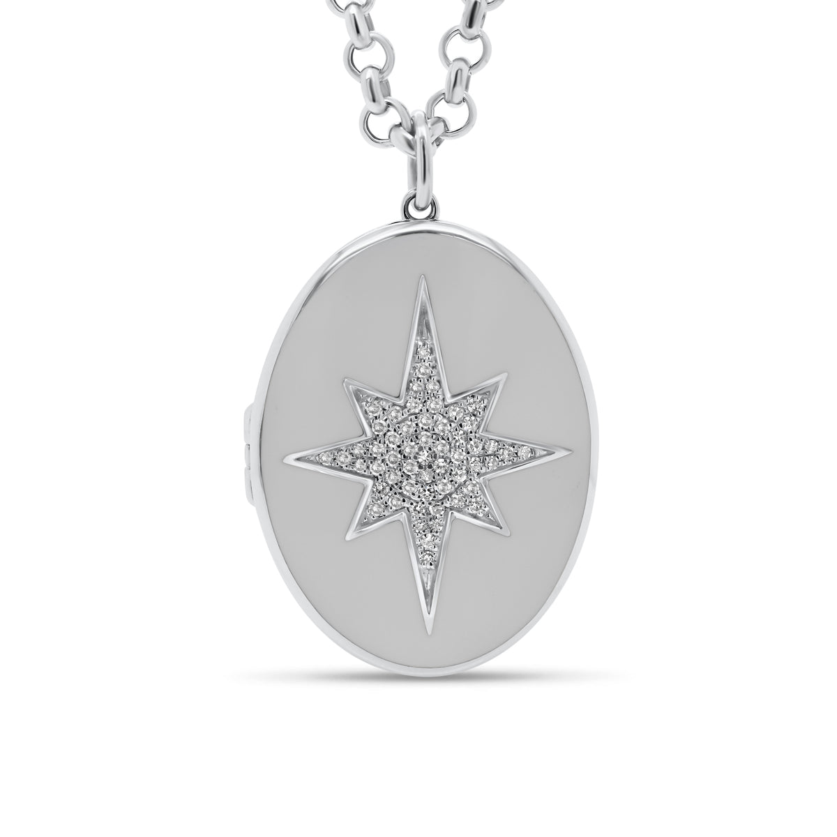 Diamond & Enamel Star Oval Locket Necklace - 14K white gold weighing 7.82 grams - 55 round diamonds totaling 0.14 carats