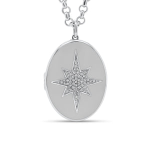 Diamond & Enamel Star Oval Locket Necklace - 14K white gold weighing 7.82 grams - 55 round diamonds totaling 0.14 carats