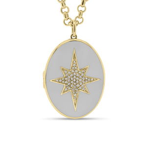 Diamond & Enamel Star Oval Locket Necklace - 14K yellow gold weighing 7.82 grams  - 55 round diamonds totaling 0.14 carats