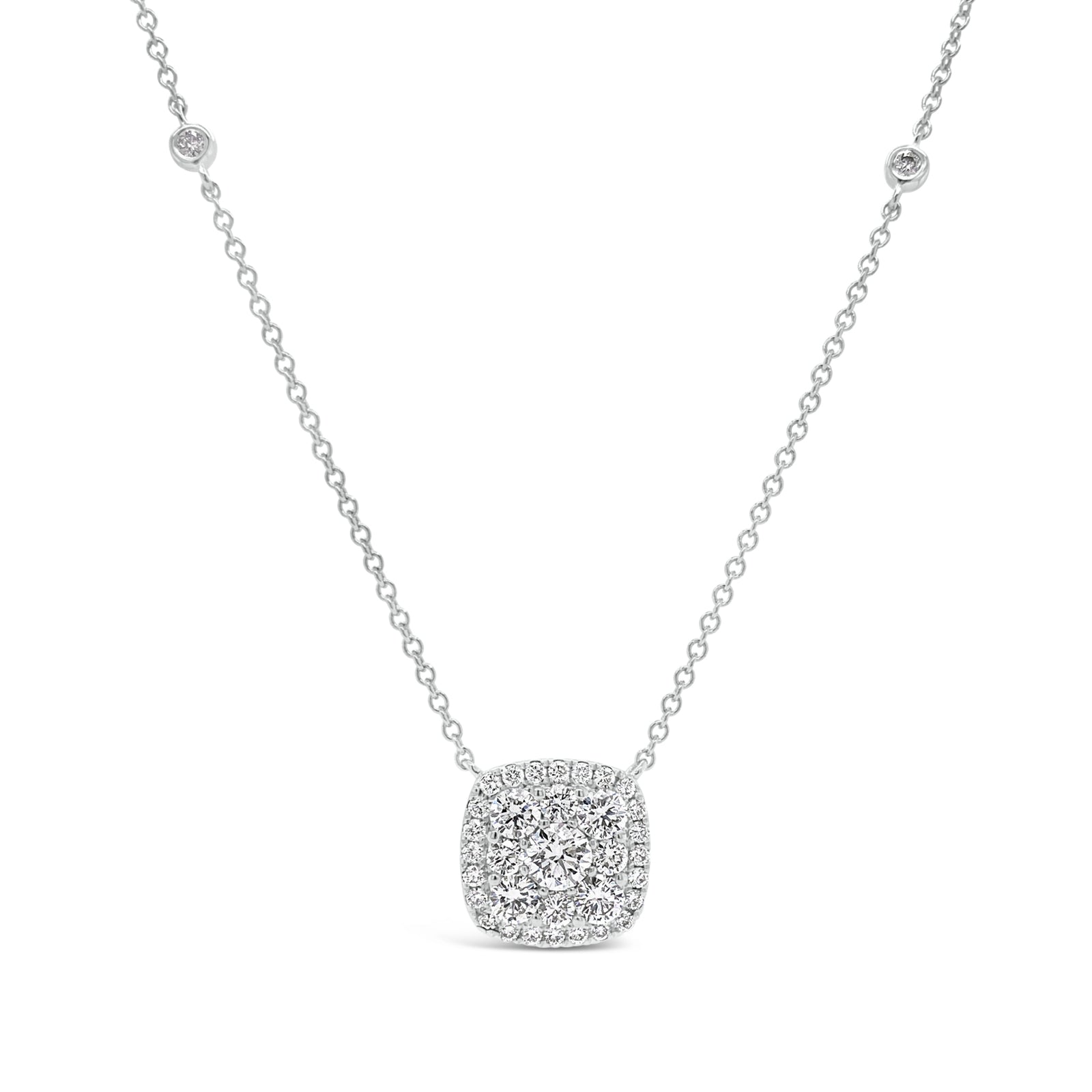 Diamond Cushion Pendant Necklace   - 18k gold weighting 3.75 grams.   - 35 round diamonds totaling 1.03 carats.