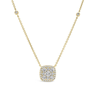 Diamond Cushion Pendant Necklace   - 18k gold weighting 3.75 grams.   - 35 round diamonds totaling 1.03 carats.