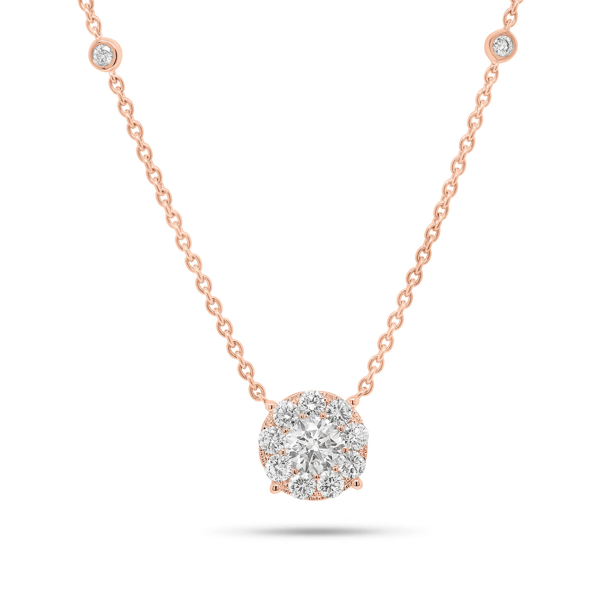 1.15 ct Halo Diamond Pendant Necklace with Diamond Chain - 18K gold weighing 4.67 grams  - 13 round diamonds weighing 0.61 carats  - 0.54 ct diamond, (GIA-graded F-color, SI1 clarity)