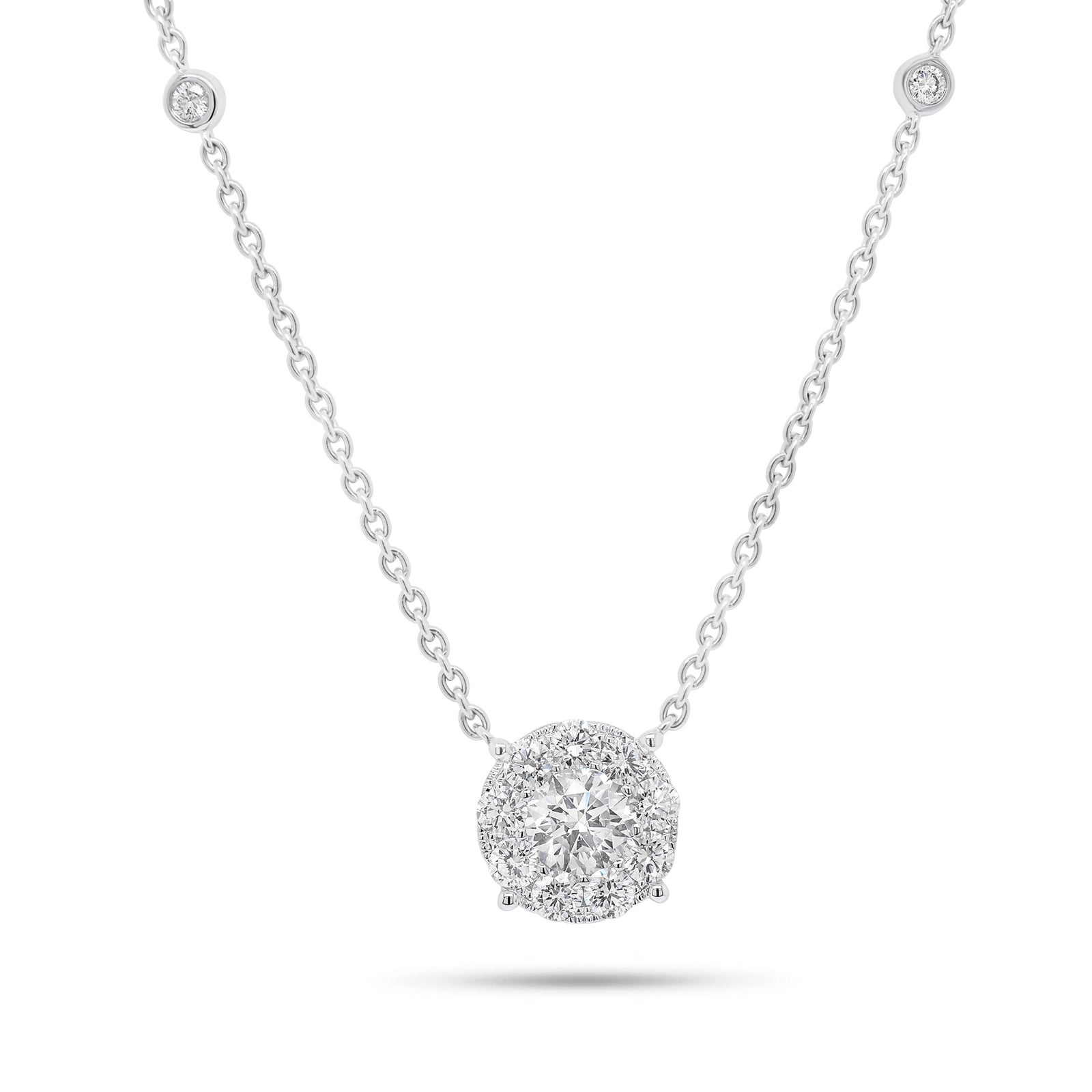 1.15 ct Halo Diamond Pendant Necklace with Diamond Chain - 18K gold weighing 4.67 grams  - 13 round diamonds weighing 0.61 carats  - 0.54 ct diamond, (GIA-graded F-color, SI1 clarity)