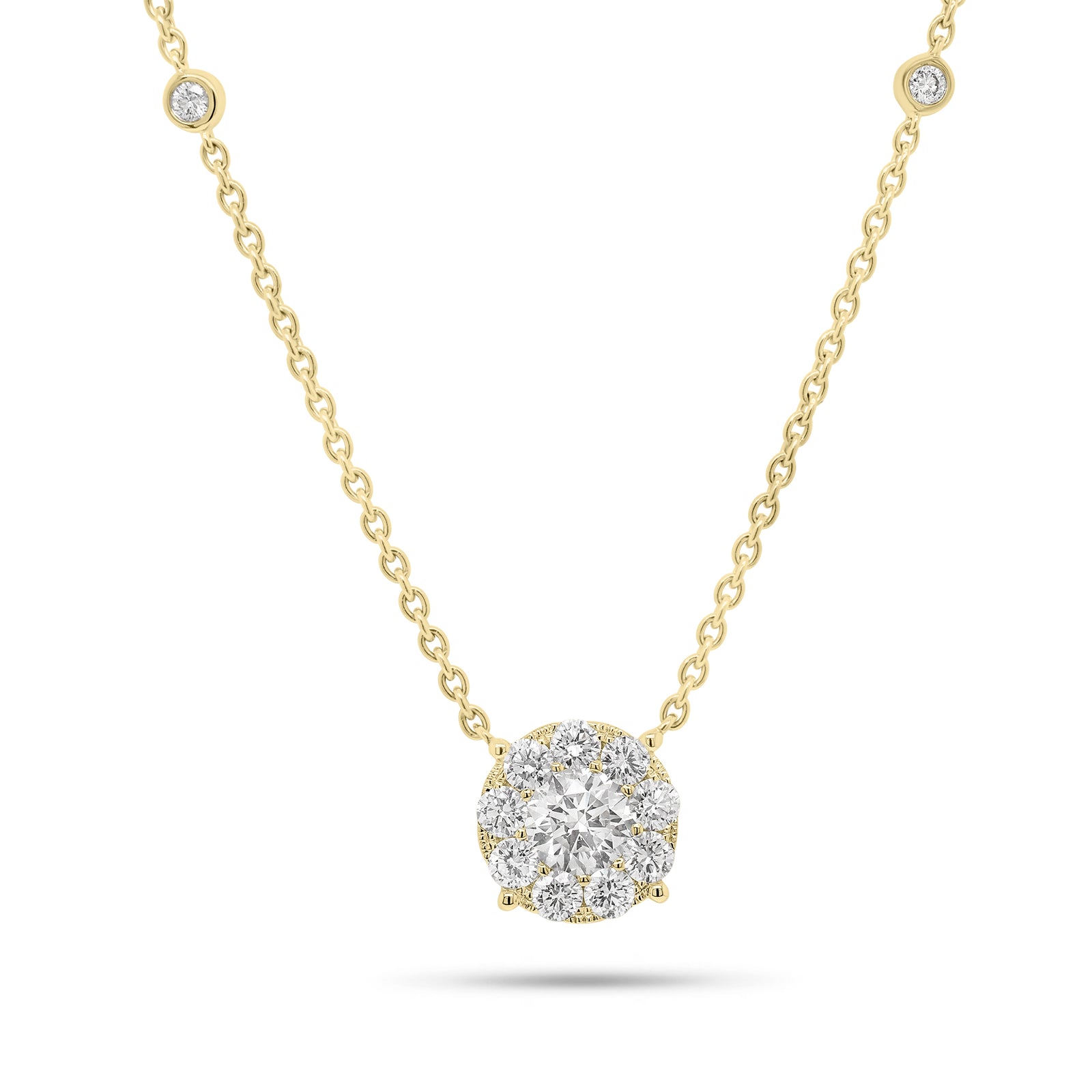 1.15 ct Halo Diamond Pendant Necklace with Diamond Chain - 18K gold weighing 4.67 grams  - 13 round diamonds weighing 0.61 carats  - 0.54 ct diamond, (GIA-graded F-color, SI1 clarity)
