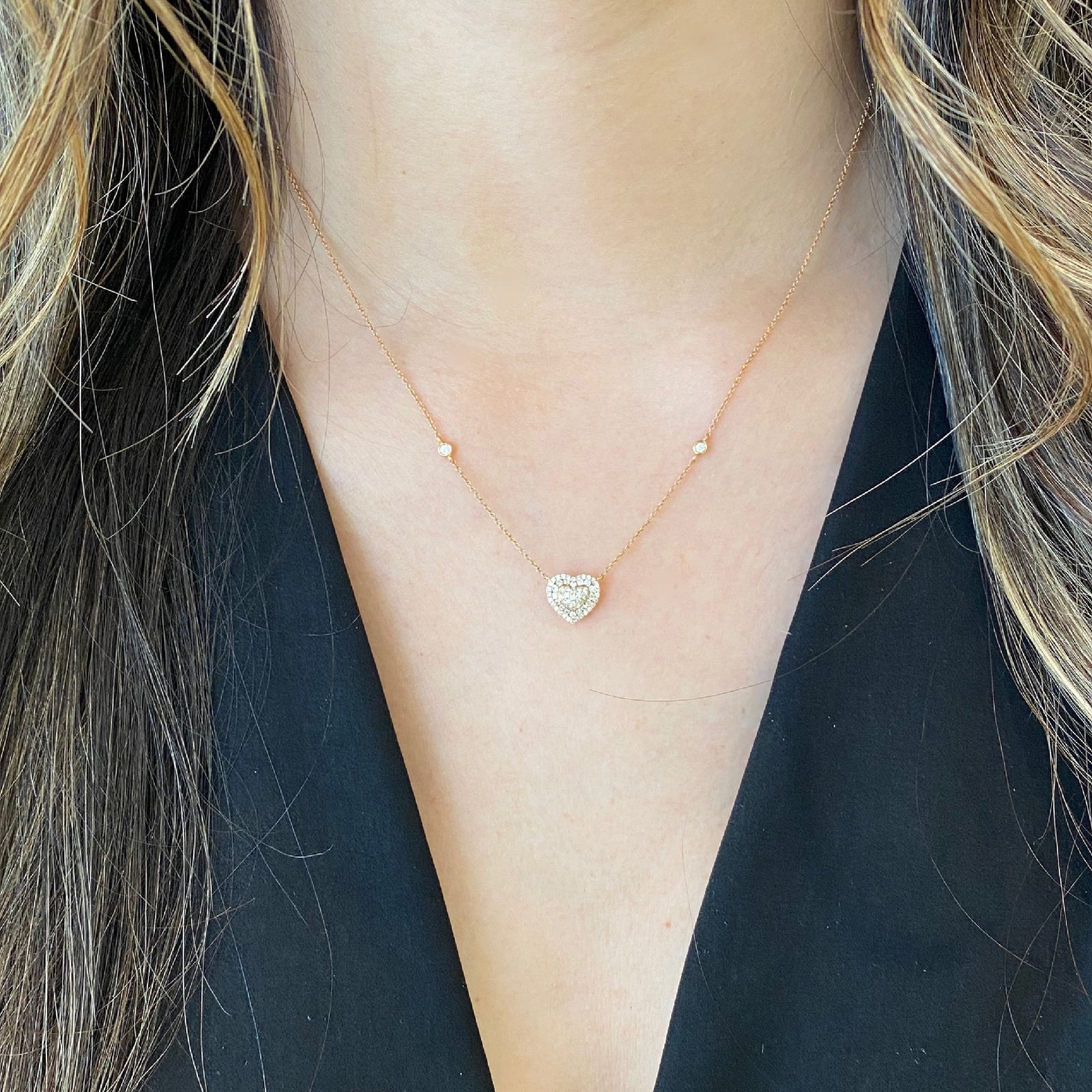 Pave Diamond Heart Necklace with Bezel-Set Diamond Stations - 18K gold weighing 2.58 grams  - 64 round diamonds totaling 0.30 carats