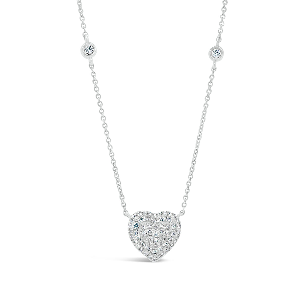 Pave Diamond Heart Necklace with Bezel-Set Diamond Stations - 18K gold weighing 2.58 grams  - 64 round diamonds totaling 0.30 carats