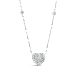 Pave Diamond Heart Necklace with Bezel-Set Diamond Stations - 18K gold weighing 2.58 grams  - 64 round diamonds totaling 0.30 carats