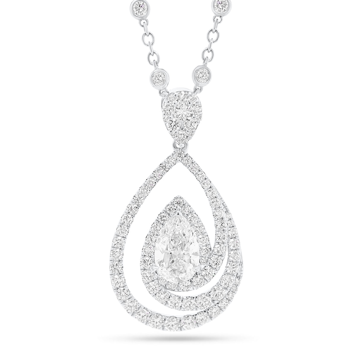Diamond Teardrop Swirl Necklace  -18K gold weighing 4.76 grams  -69 round diamonds totaling 0.77 carats