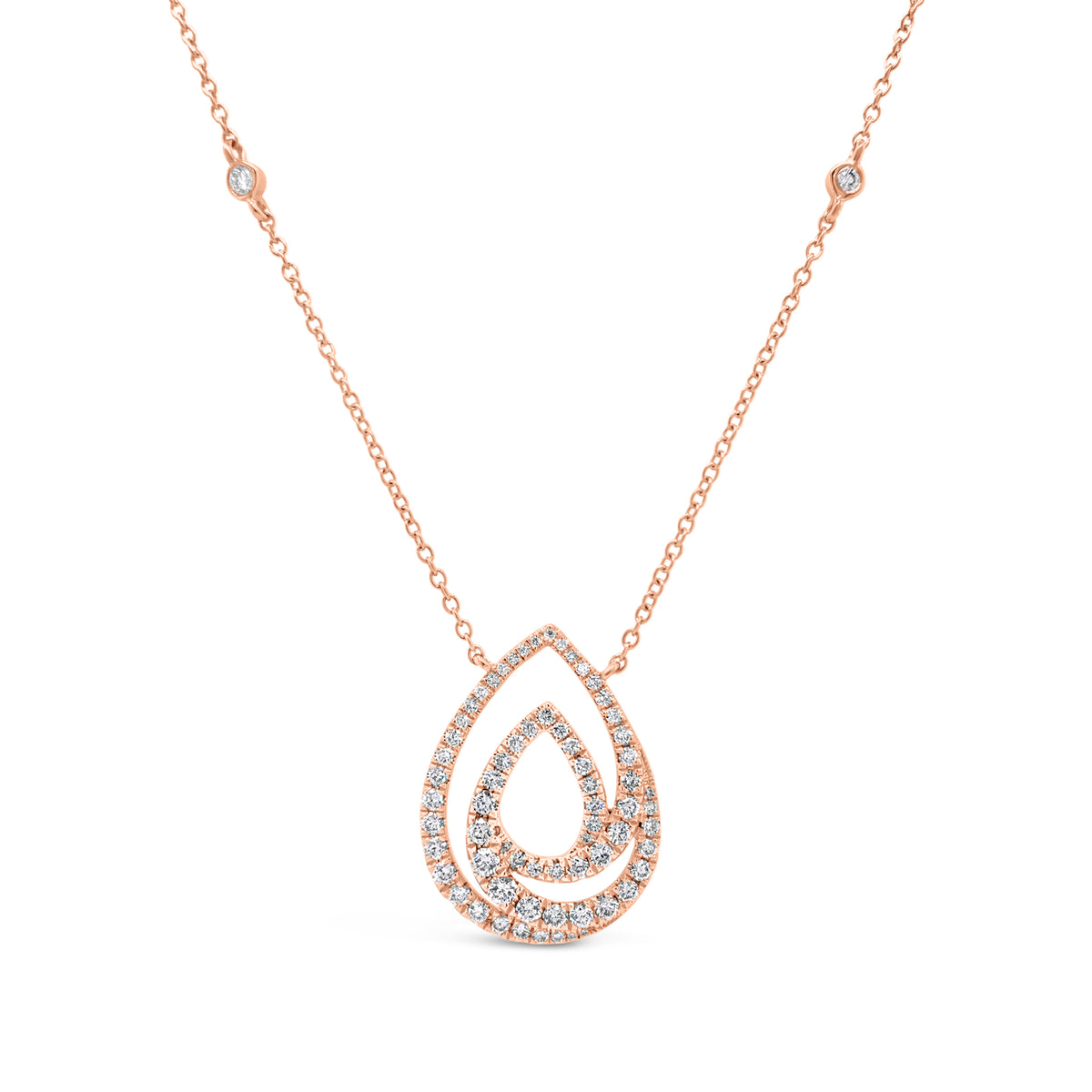 Diamond Teardrop Swirl Necklace  -18K gold weighing 4.76 grams  -69 round diamonds totaling 0.77 carats