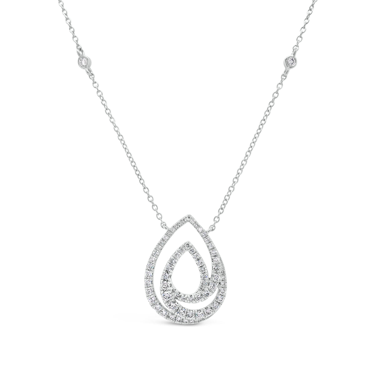 Diamond Teardrop Swirl Necklace  -18K gold weighing 4.76 grams  -69 round diamonds totaling 0.77 carats