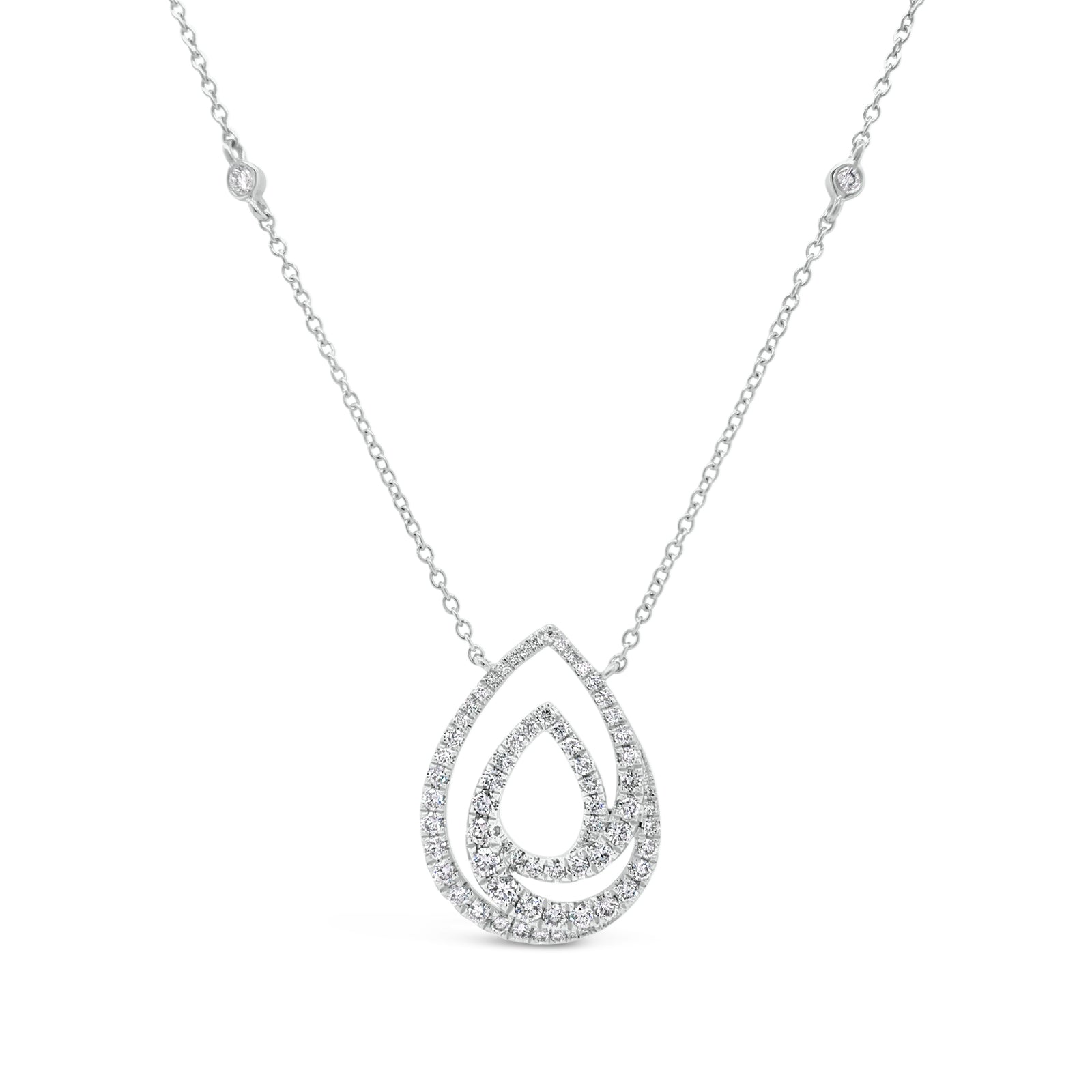 Diamond Teardrop Swirl Necklace  -18K gold weighing 4.76 grams  -69 round diamonds totaling 0.77 carats