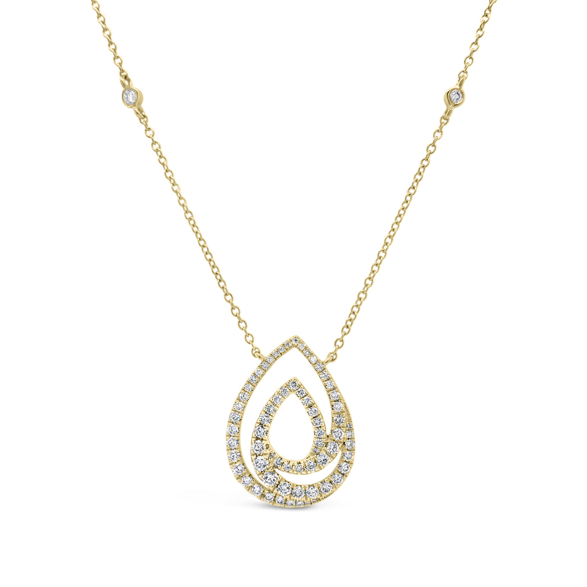 Diamond Teardrop Swirl Necklace  -18K gold weighing 4.76 grams  -69 round diamonds totaling 0.77 carats