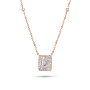 Solid 18k rose gold weighing 4.22 grams with 32 round diamonds weighing 0.29 carats and 5 slim baguettes weighing 0.45 carats Emerald-Cut Diamond Illusion Pendant Necklace | Nuha Jewelers