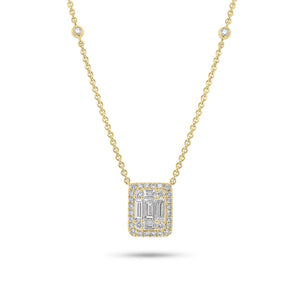Solid 18k yellow gold weighing 4.22 grams with 32 round diamonds weighing 0.29 carats and 5 slim baguettes weighing 0.45 carats Emerald-Cut Diamond Illusion Pendant Necklace | Nuha Jewelers