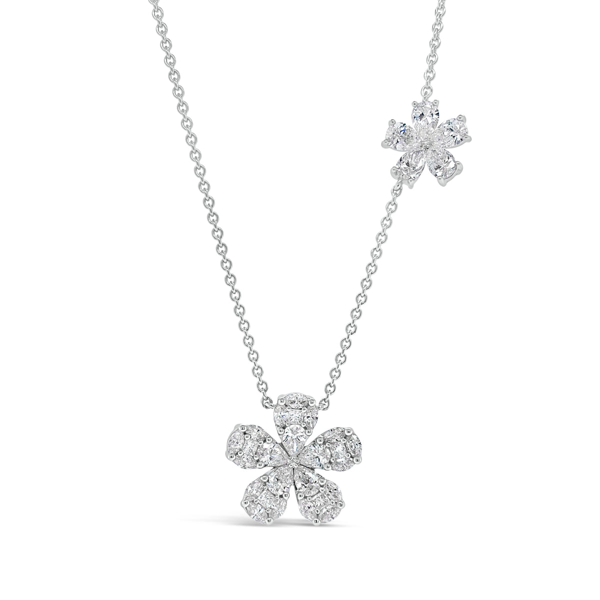 Mixed Cut Diamond Flower Necklace  - 18K gold weighing 5.56 grams  - 10 pear-shaped diamonds totaling 1.13 carats  - 15 marquise-shaped diamonds totaling 0.45 carats  - 5 princess-cut diamonds totaling 0.13 carats
