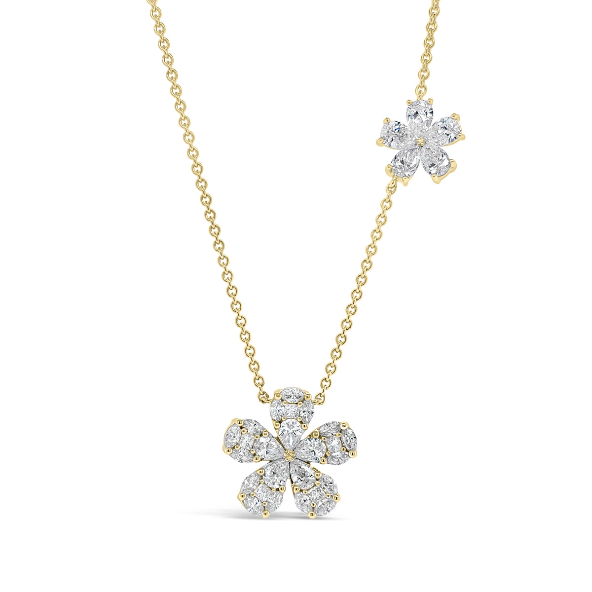 Mixed Cut Diamond Flower Necklace  - 18K gold weighing 5.56 grams  - 10 pear-shaped diamonds totaling 1.13 carats  - 15 marquise-shaped diamonds totaling 0.45 carats  - 5 princess-cut diamonds totaling 0.13 carats