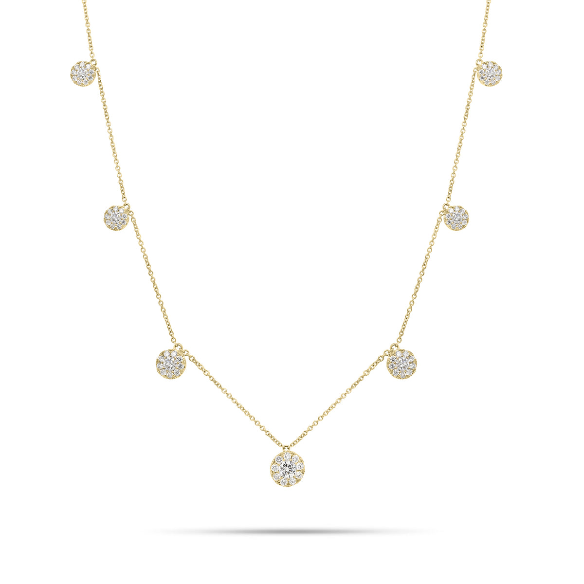 Pave Diamond Mini Discs Necklace  - 18K gold weighing 4.43 grams  - 70 round diamonds weighing 0.82 carats