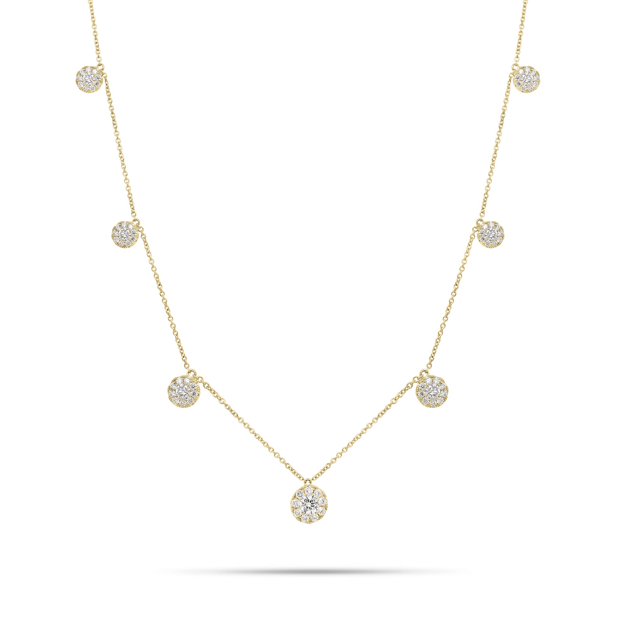 Pave Diamond Mini Discs Necklace  - 18K gold weighing 4.43 grams  - 70 round diamonds weighing 0.82 carats