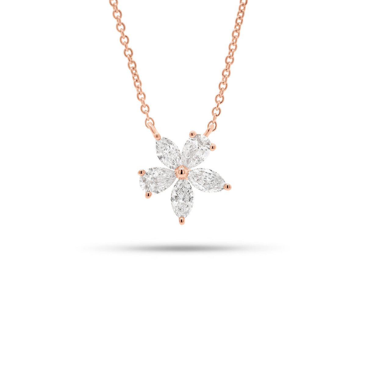 Pear and Marquise-Shaped Diamond Flower Pendant Necklace - 18K gold weighing 2.05 grams  - 2 pear-shaped diamonds weighing 0.21 carats  - 3 marquise-shaped diamonds weighing 0.24 carats